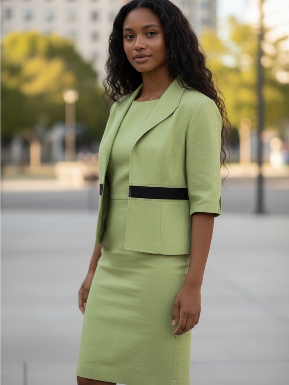 Jessica Howard Sheath Dress Green w/Open-Front Jacket with Black Trim, Size 14
